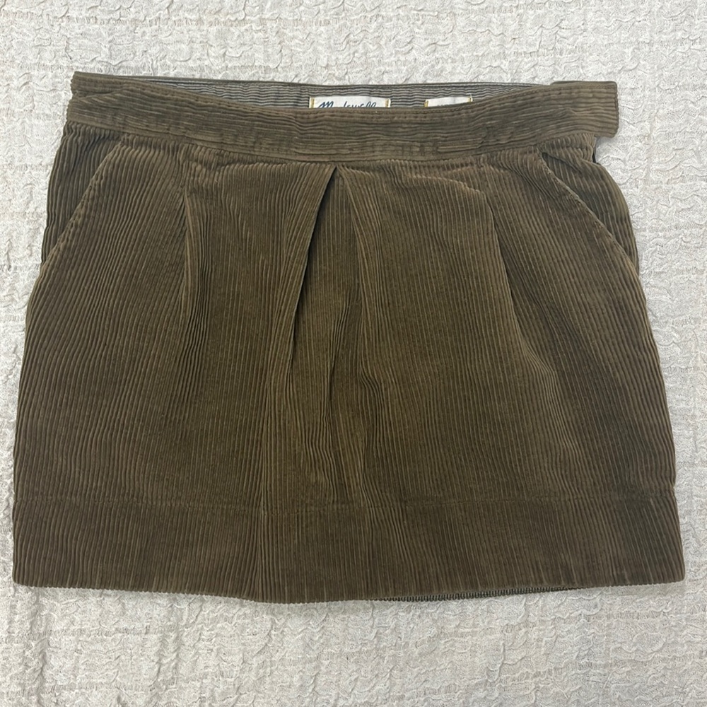 Madewell Corduroy Mini Skirt Green Pockets Side Zip Pleated Size 26